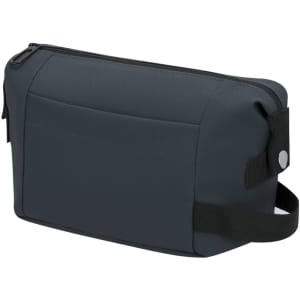 A dark grey toiletry bag with a zip closure and a side handle. It features a simple, sleek design.