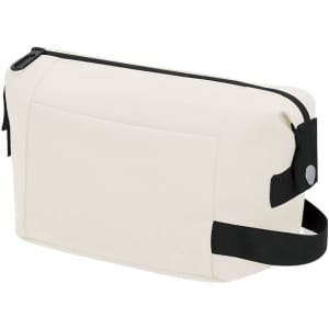A cream toiletry bag with a black strap, featuring a zip closure and a pocket on the side. It has a logo.