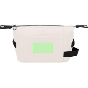 A cream toiletry bag with black straps featuring a rectangular area in green, designed for personal items.