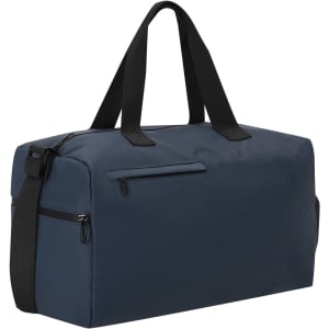 A navy blue duffle bag with black straps and a front zip pocket, featuring a logo.