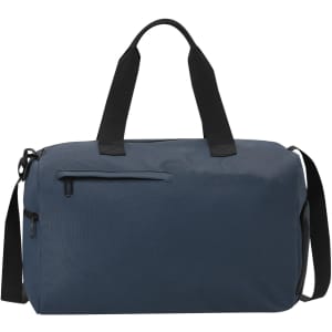 A blue duffle bag featuring black handles and a shoulder strap, with a zippered pocket on one side.