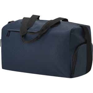 A navy duffle bag with black straps and a zippered compartment. It features a simple design and a logo.