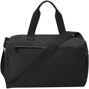 A black duffle bag with a removable shoulder strap and two carry handles, featuring a zippered compartment.