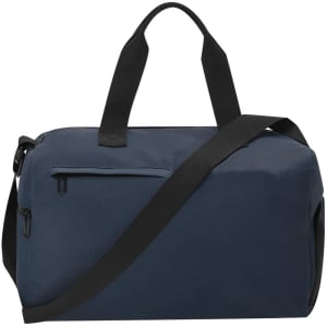 A navy blue duffle bag with a black adjustable strap and handles, featuring a zippered pocket on one side.