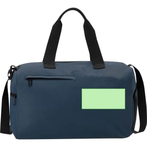 A navy duffle bag featuring black straps and a zippered pocket, complete with a green patch for branding.