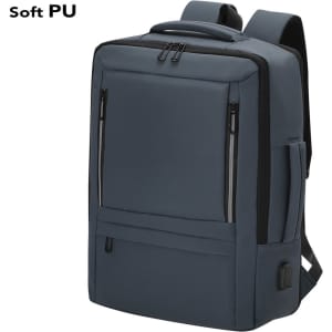 A durable navy blue backpack with multiple zippers and a sleek design, featuring a logo on the side.