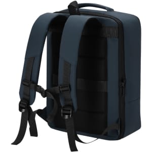 A navy blue backpack with padded straps and a sleek design, featuring a logo and ventilation panels on the back.