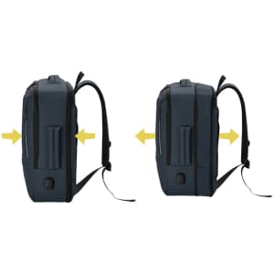 A dark blue Javelin Backpack with adjustable straps and a side pocket, featuring a logo.