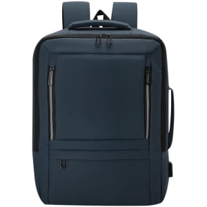 A navy blue Javelin Backpack with multiple zippered pockets and shoulder straps, featuring a logo.