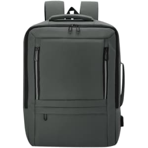A grey Javelin Backpack with multiple zippered compartments and padded shoulder straps, featuring a logo.