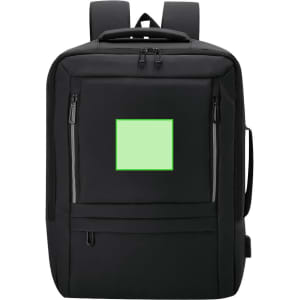A black Javelin Backpack featuring a green square patch and multiple zippered compartments. It has padded shoulder straps.
