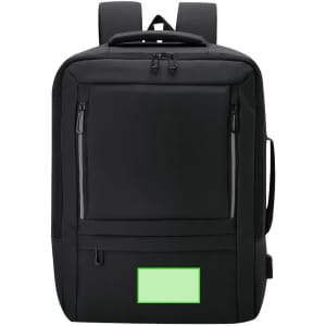 A black backpack with multiple zippered pockets and a green patch, featuring padded shoulder straps and a logo.