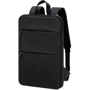 A sleek black backpack featuring two zippered front pockets and adjustable straps. It has a branding logo on the exterior.