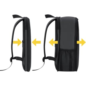 A black backpack with adjustable straps and a slim profile, featuring a mesh side pocket and a branding logo.