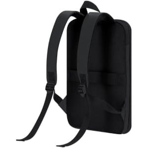 A black backpack with padded straps and a simple design, featuring a logo on the back.