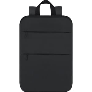 A black backpack featuring two zippered compartments and shoulder straps, designed for versatility and style.