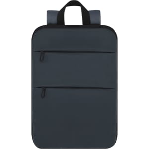 A dark grey backpack with two zippered pockets and a top handle, featuring a simple design and branding.