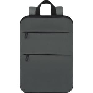 A grey backpack with two front zippers and black accents, featuring shoulder straps and a top handle.