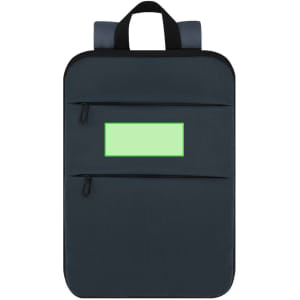 A dark blue backpack with two front zip pockets and a handle on top. It features a logo.