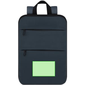 A dark grey backpack with two zippered front pockets and a green label area at the bottom. It features a top handle.
