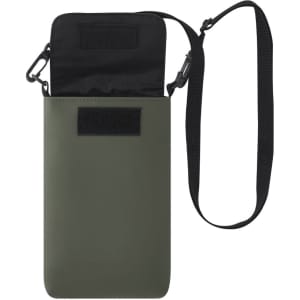 A khaki multipurpose bag with a black interior and a detachable strap, featuring a Velcro closure.