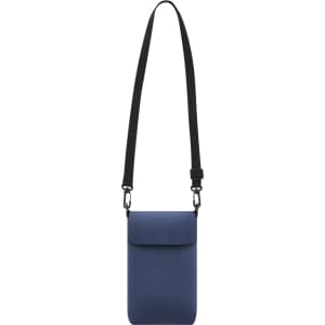 A blue multipurpose bag with a black strap, featuring a flap closure and a branding logo.
