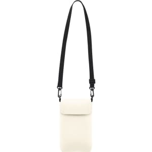 A white multipurpose bag with a black adjustable strap and a front flap, featuring a logo.
