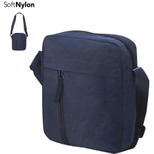 A navy Zynax shoulder bag made of soft nylon, featuring a zippered pocket and an adjustable strap.