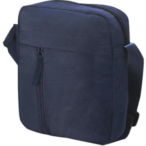 A navy blue shoulder bag with a zippered closure and an adjustable strap, featuring a front pocket.