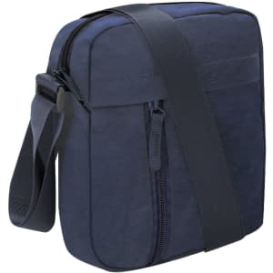 A navy blue shoulder bag with a zip closure, adjustable strap, and front pocket. It features a logo.