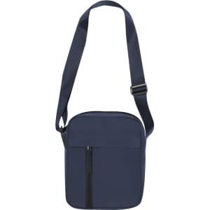 A navy shoulder bag with a zippered front pocket and an adjustable strap, featuring a simple design and compact size.