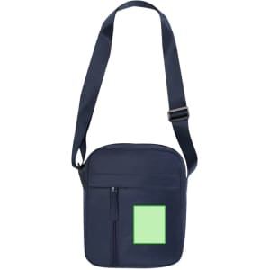 A navy shoulder bag with a soft strap and a front pocket featuring a blank area. It has a minimalistic design.