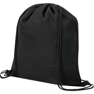 A black drawstring bag with a simple, streamlined design and a logo. Features drawstrings for closure and carrying.