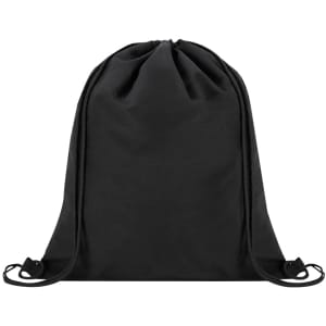 A black drawstring bag with a simple design and cinch closure, featuring a logo on the front.
