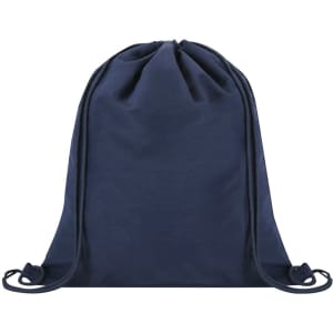A navy blue drawstring bag with two drawstrings and a simple design. It features a logo.