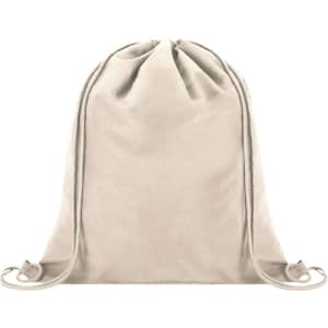 A beige drawstring bag with adjustable cords and a simple design. It features a branding logo.