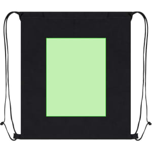 A black drawstring bag featuring a large green space in the centre, with two black cords for tightening.
