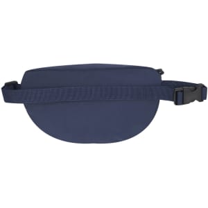 A navy blue waistbag with a flat design and adjustable strap, featuring a logo on the surface.