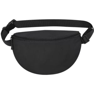 A black waist bag with a zippered closure and an adjustable strap. It features a simple, curved design.