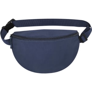 A navy waist bag with a curved design and an adjustable strap. It features a front zip pocket and a branding logo.