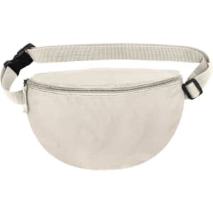 A cream-coloured waistbag features a curved design and a zippered compartment, with an adjustable strap.