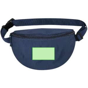 A navy blue waist bag with a zippered compartment and an adjustable strap. It features a blank area for branding.