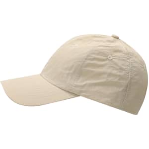 A beige Mariner Cap with a curved brim and a logo. Suitable for casual headwear.