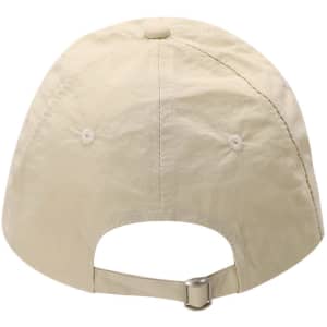 A beige cap with a curved brim and an adjustable strap at the back, featuring a logo on the side.