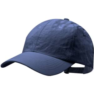 A navy blue cap featuring a curved brim and an adjustable strap at the back. It has a logo on the front.