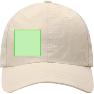 A cream-coloured cap with a curved brim and a square area on the front for branding.
