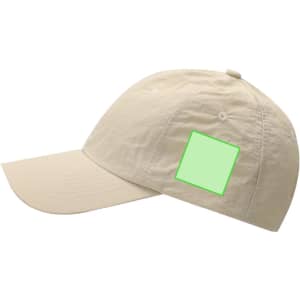 A beige cap with a curved brim and a flat panel on the side, featuring a logo or branding.