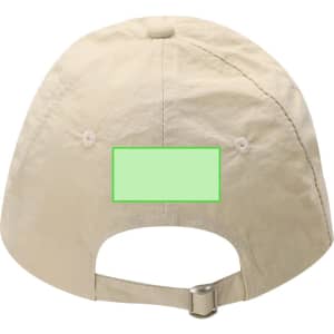 A beige cap with a simple design, featuring a logo and an adjustable buckle at the back.