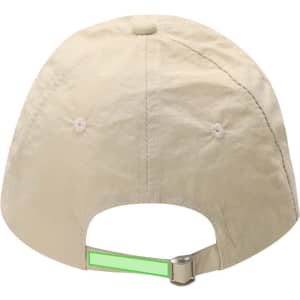 A beige cap featuring a buckle closure and a reflective strip at the back. It has a logo on the front.