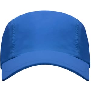 A blue cap with a structured brim and a simple design featuring a logo.